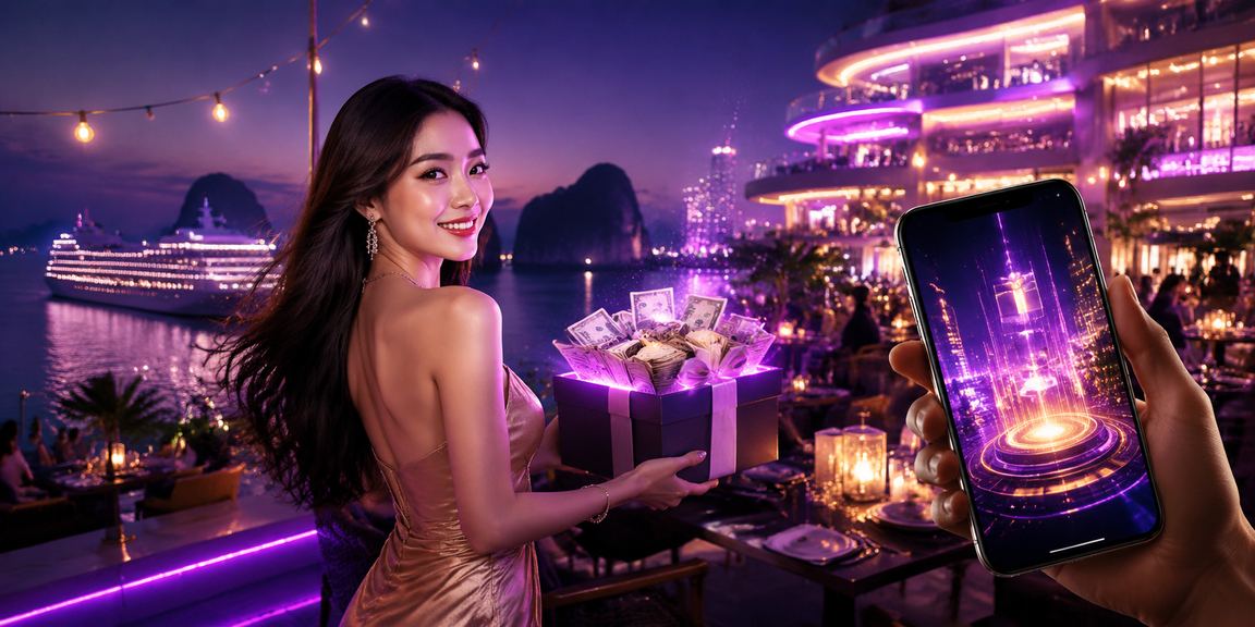 Ánh đèn neon casino trên vịnh Hạ Long nhìn từ điện thoại di động về đêm